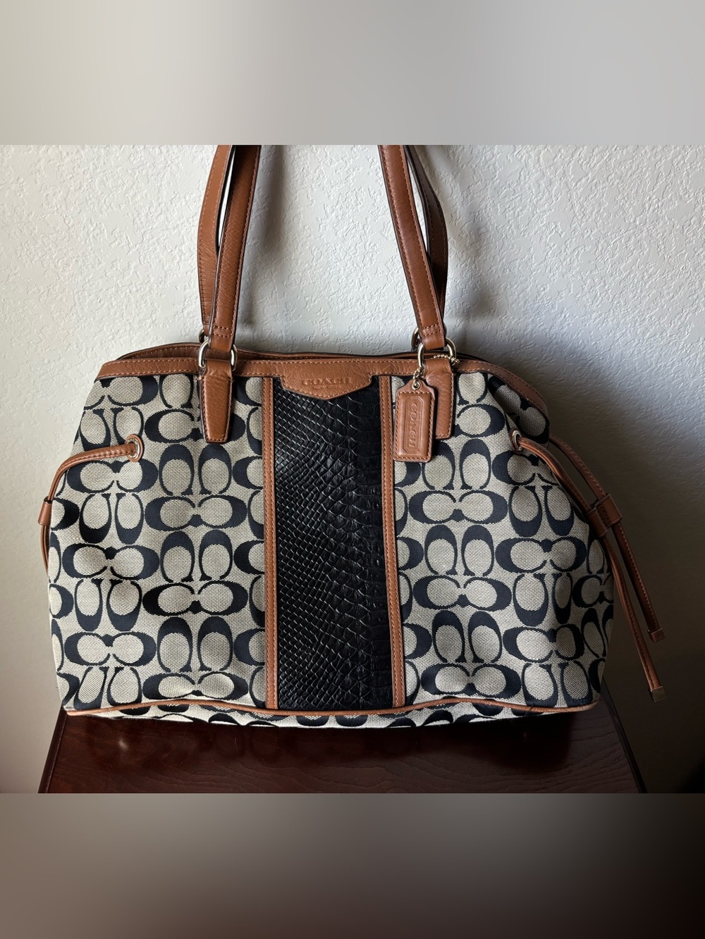 Coach Beige & Black Signature Tote with Brown Leather Trim